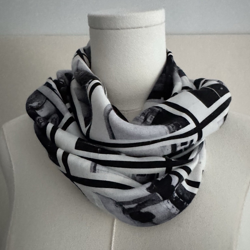 90s Vintage Esprit Black & White Photo Scarf Photos Washing Machines Laundromat